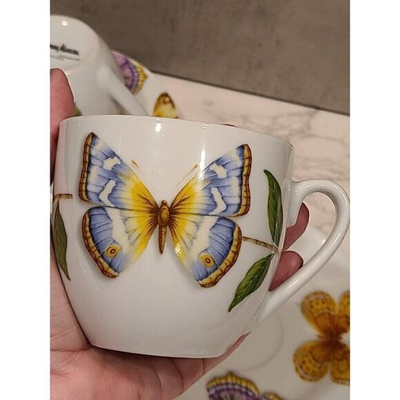 Neiman Marcus set (2) Butterfly Tea Cups saucers 8 oz | 3"H Porcelain Coffee - Picture 9 of 11
